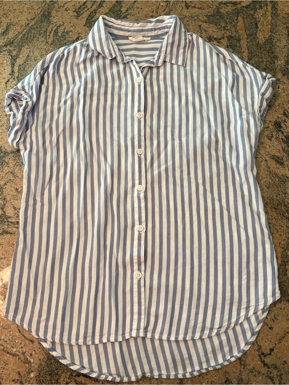 beachlunchlounge Women's Blue and White Striped Short Sleeve Button-Down Shirt